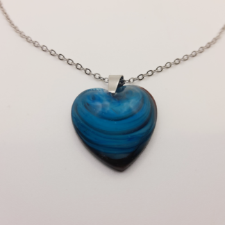 Blue & Black Patterned Heart Pendant on a Stainless Steel Necklace